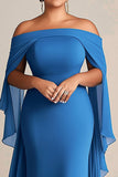 Off The Shoulder Blue Sheath Chiffon Plus Size Mother of the Bride Dress