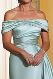 Mint Satin Sheath Off The Shoulder Ruched Long Mother Of Bride Dress