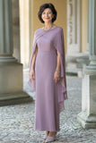 Chiffon Lilac Sheath Round Neck Long Mother Of Bride Dress