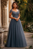 Grey Blue Tulle A Line Cap Sleeves Pleated Long Mother Of Bride Dress