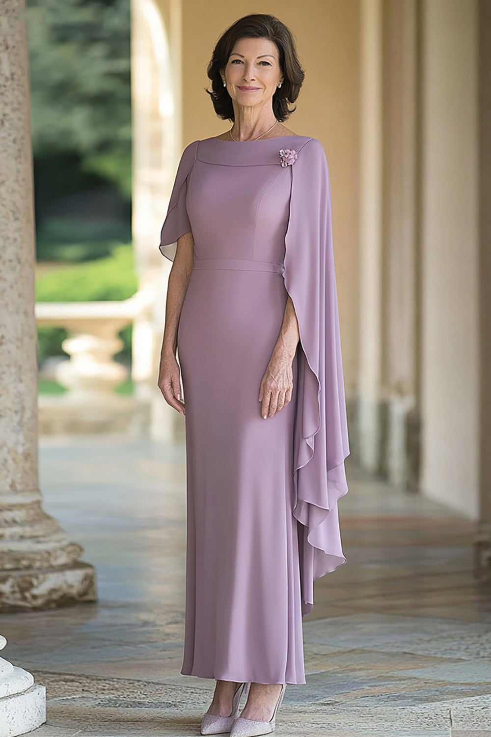 Chiffon Lilac Sheath Boat Neck Pleated Long Mother Of Bride Dress