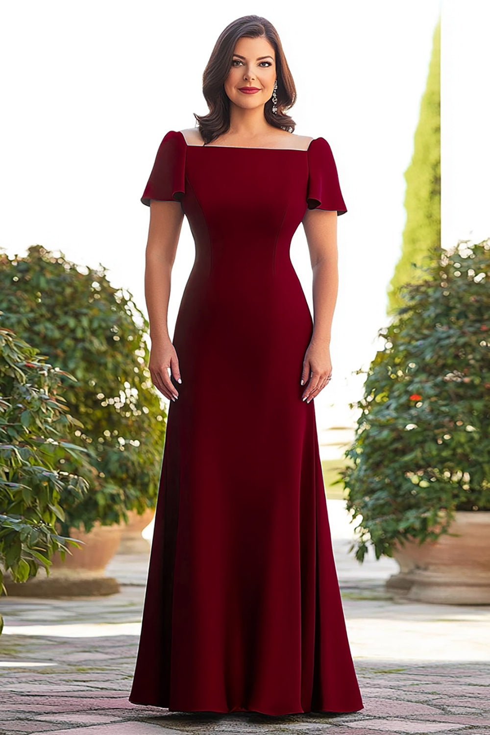 Burgundy Sheath Square Neck Long Mother of the Bride Dress with Sleeves