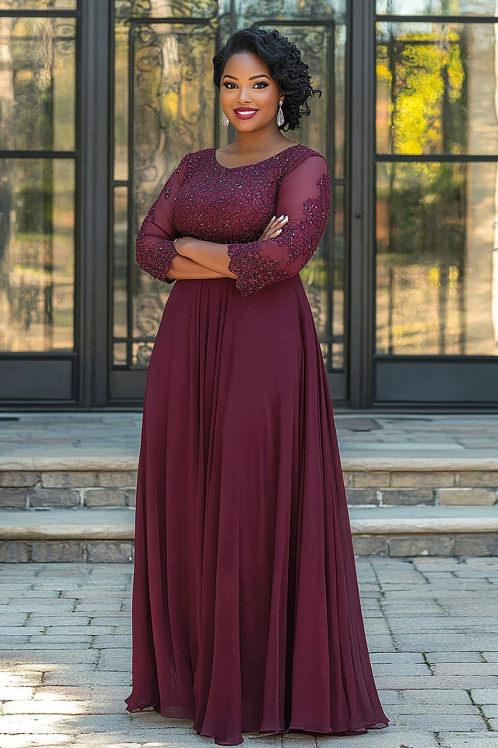 Sparkly Burgundy A-Line Scoop Chiffon Long Sleeves Mother of the Bride Dress with Beading