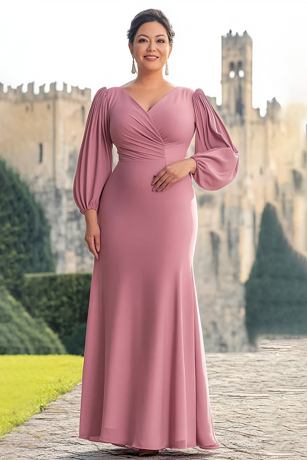 Pink Mermaid Chiffon Mother of the Bride Dress with Long Sleeves