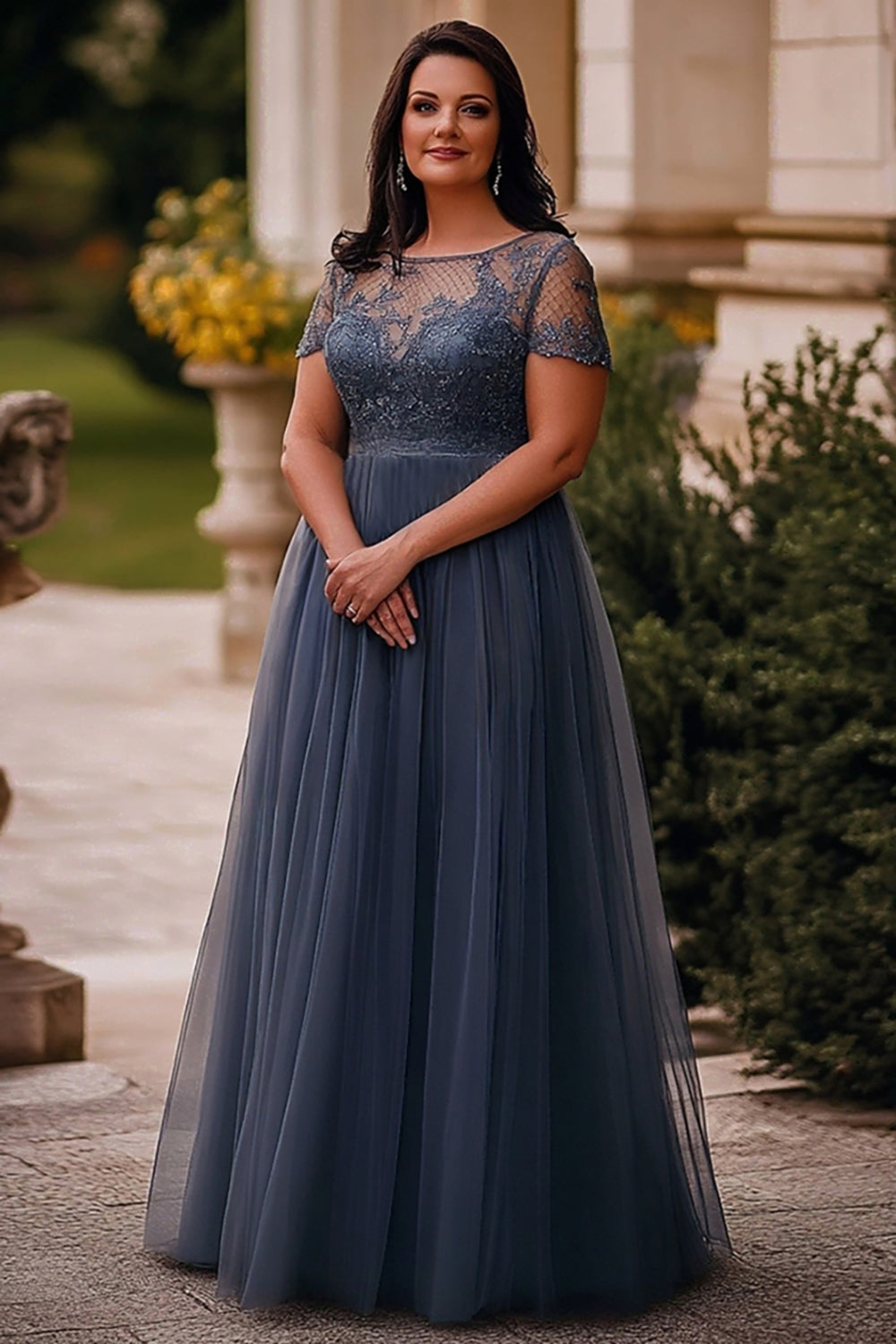 Grey Blue A-Line Tulle Long Mother of the Bride Dress with Lace