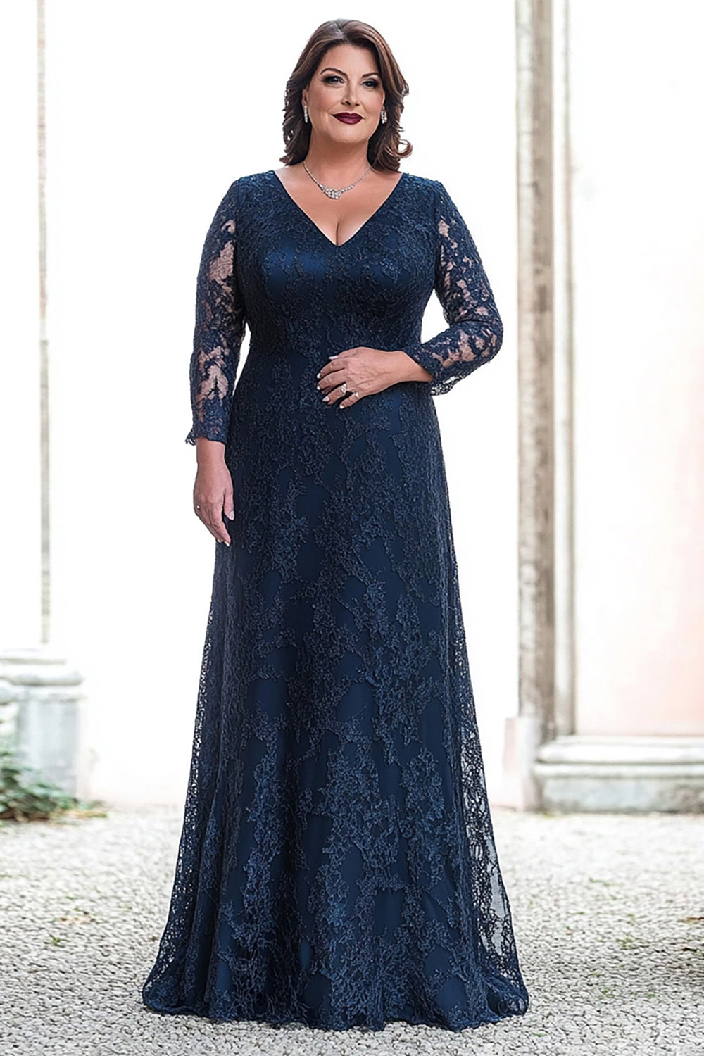 Navy Sheath V Neck Lace Mother of the Bride Dress with Long Sleeves