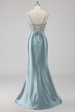 Sparkly Grey Blue Sheath Spaghetti Straps Corset Beading Long Prom Dress with Slit