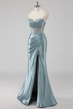 Sparkly Grey Blue Sheath Spaghetti Straps Corset Beading Long Prom Dress with Slit