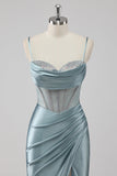 Sparkly Grey Blue Sheath Spaghetti Straps Corset Beading Long Prom Dress with Slit