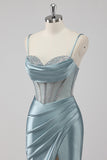 Sparkly Grey Blue Sheath Spaghetti Straps Corset Beading Long Prom Dress with Slit