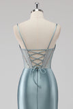 Sparkly Grey Blue Sheath Spaghetti Straps Corset Beading Long Prom Dress with Slit