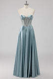 Grey Blue A-Line Strapless Corset Satin Long Prom Dress with Beading