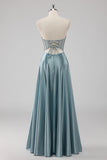 Grey Blue A-Line Strapless Corset Satin Long Prom Dress with Beading
