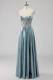 Grey Blue A-Line Strapless Corset Satin Long Prom Dress with Beading