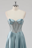 Grey Blue A-Line Strapless Corset Satin Long Prom Dress with Beading