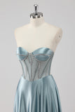 Grey Blue A-Line Strapless Corset Satin Long Prom Dress with Beading