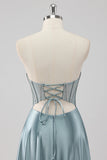 Grey Blue A-Line Strapless Corset Satin Long Prom Dress with Beading