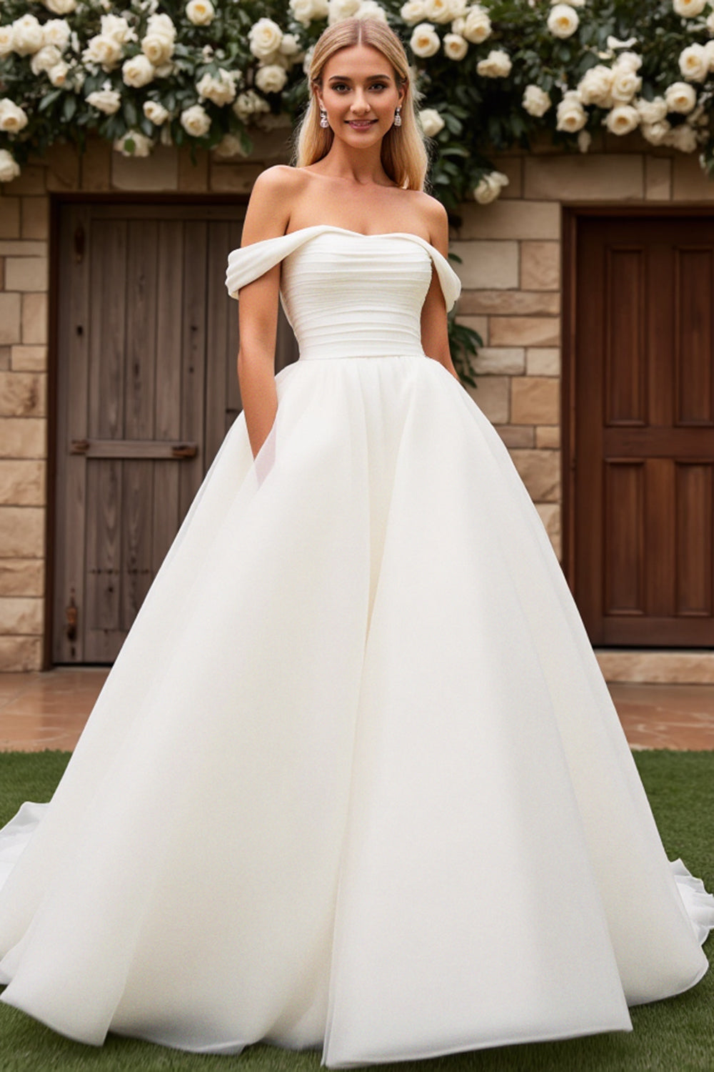 Graceful Off the Shoulder White A Line Wedding Dress