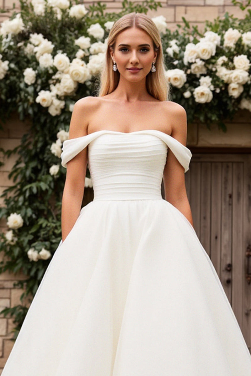 Load image into Gallery viewer, Graceful Off the Shoulder White A Line Wedding Dress