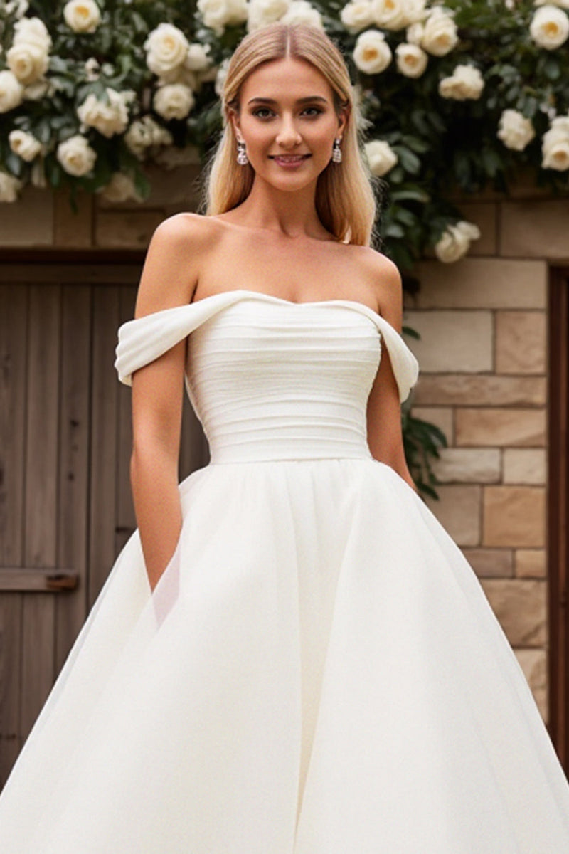 Load image into Gallery viewer, Graceful Off the Shoulder White A Line Wedding Dress