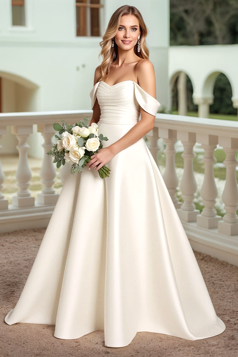 Load image into Gallery viewer, Satin A Line White Off the Shoulder Wedding Dress with Bow