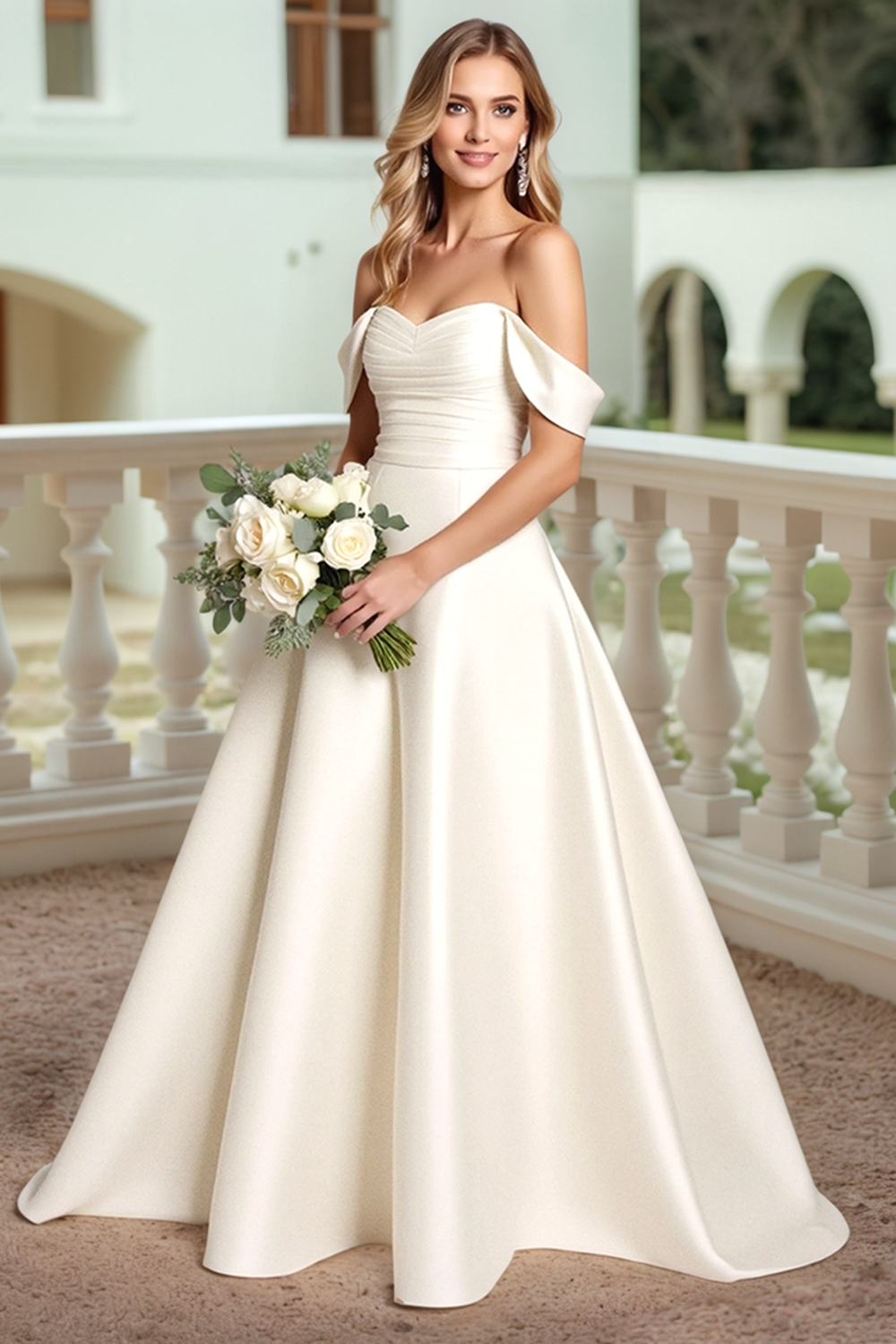 Satin A Line White Off the Shoulder Wedding Dress with Bow