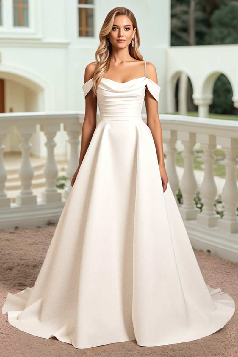 Load image into Gallery viewer, White Cold Shoudler A Line Satin Wedding Dress