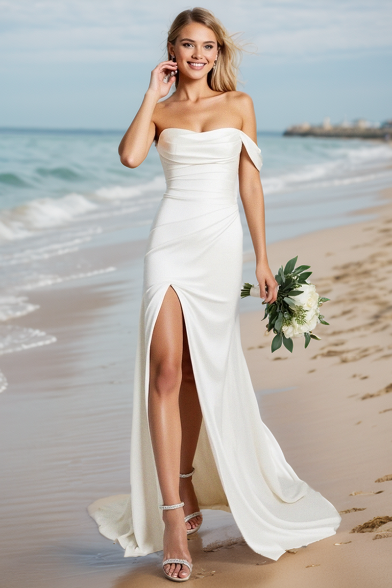 Load image into Gallery viewer, White Mermaid One Shoulder Wedding Dress with Slit