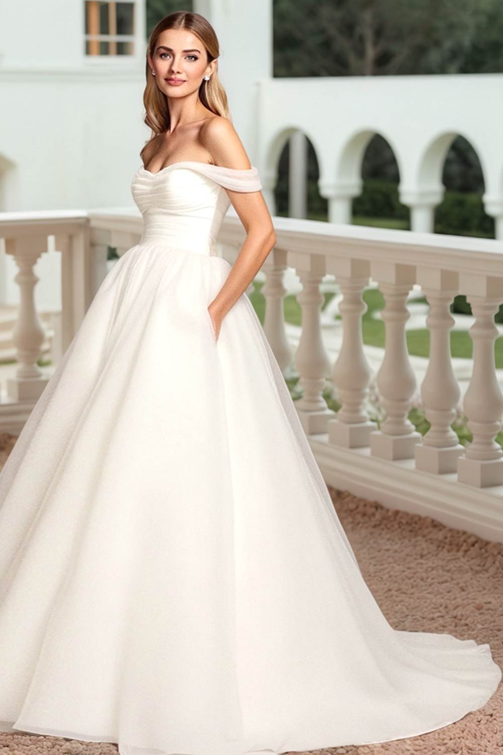 White Off The Shoulder Tulle A Line Wedding Dress