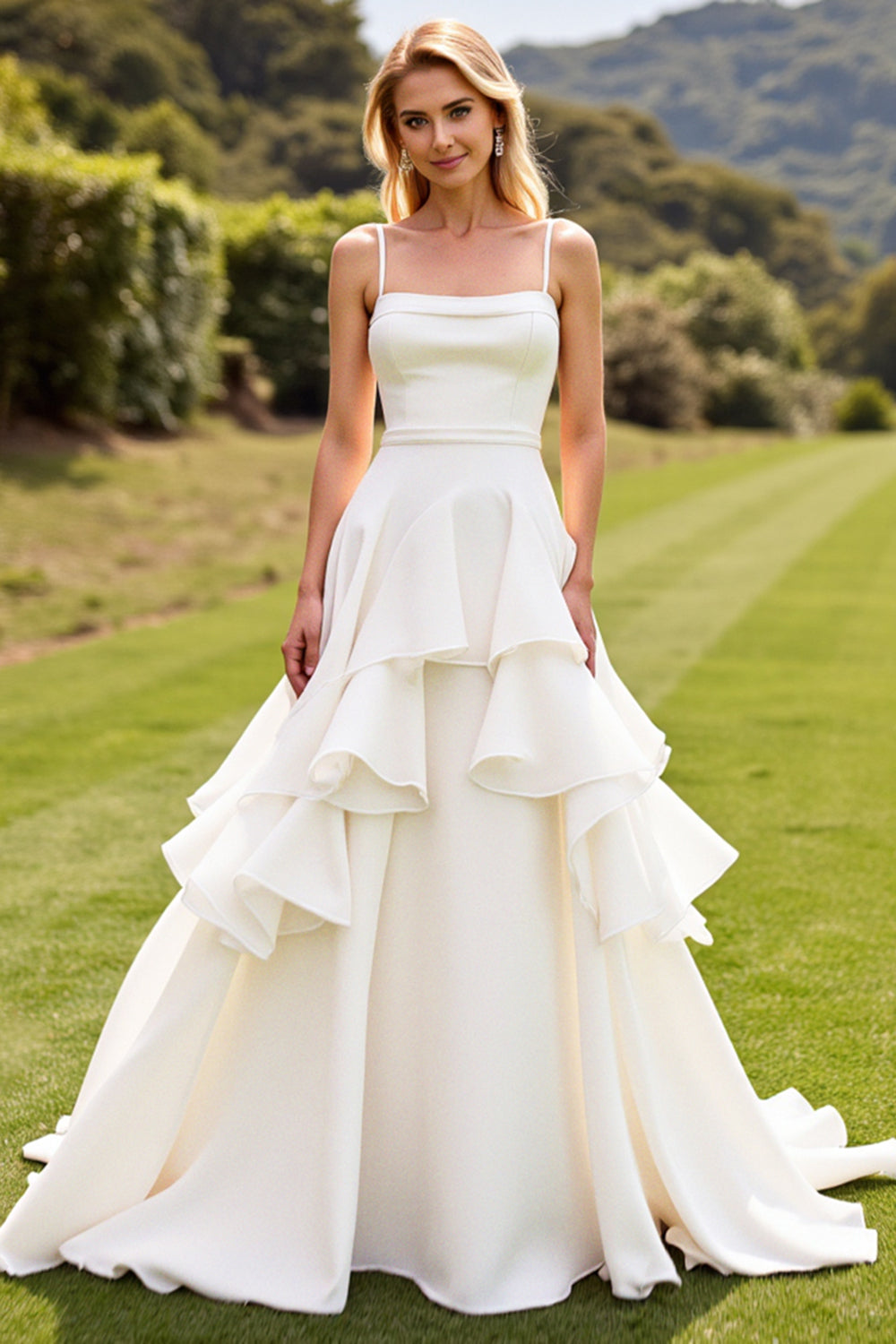 Ivory Ruffled A Line Sleeveless Long Wedding Dress