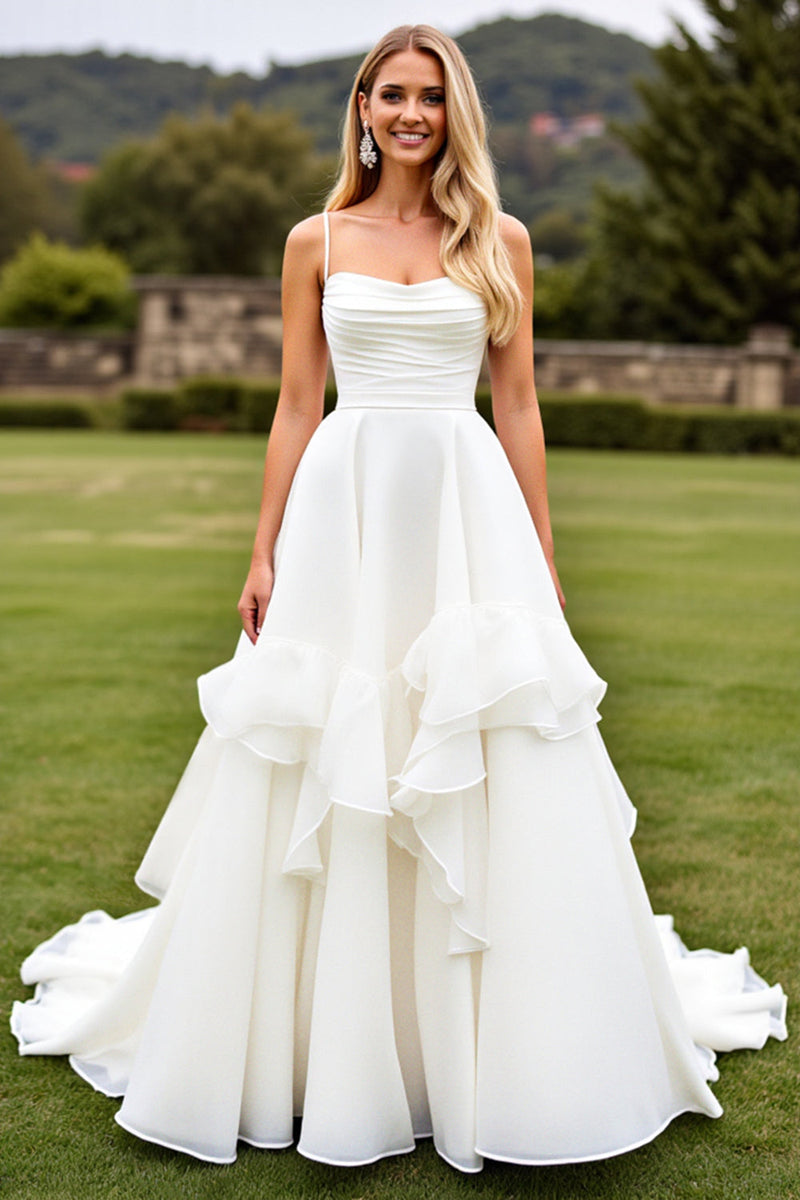 Load image into Gallery viewer, Ruffle A Line Ivory Ruched Wedding Dress