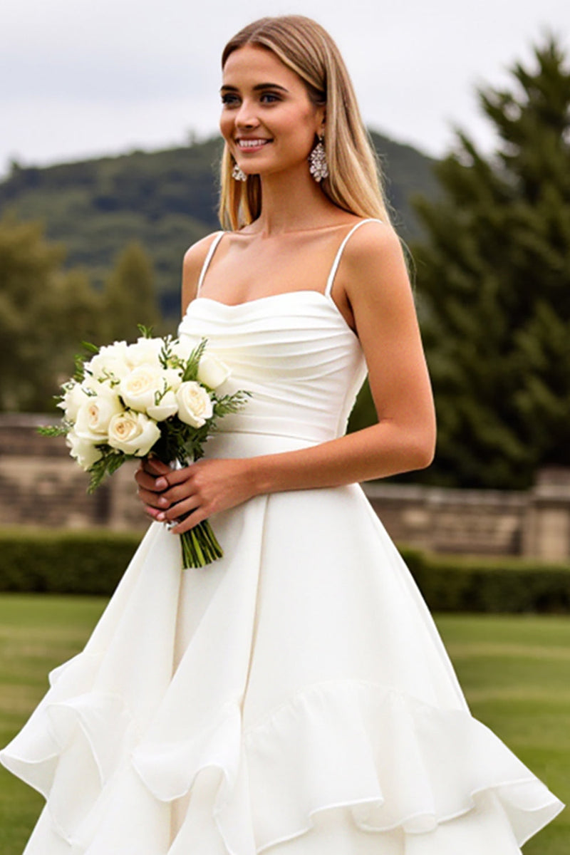 Load image into Gallery viewer, Ruffle A Line Ivory Ruched Wedding Dress