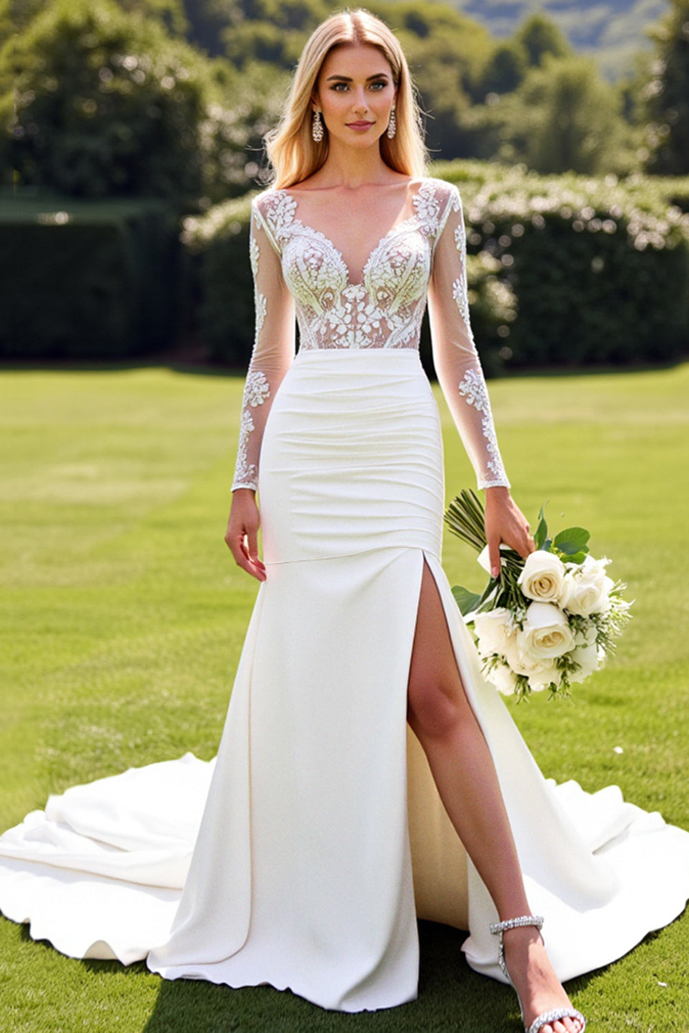 Ivory Lace V Neck Long Sleeve Mermaid Wedding Dress with Slit