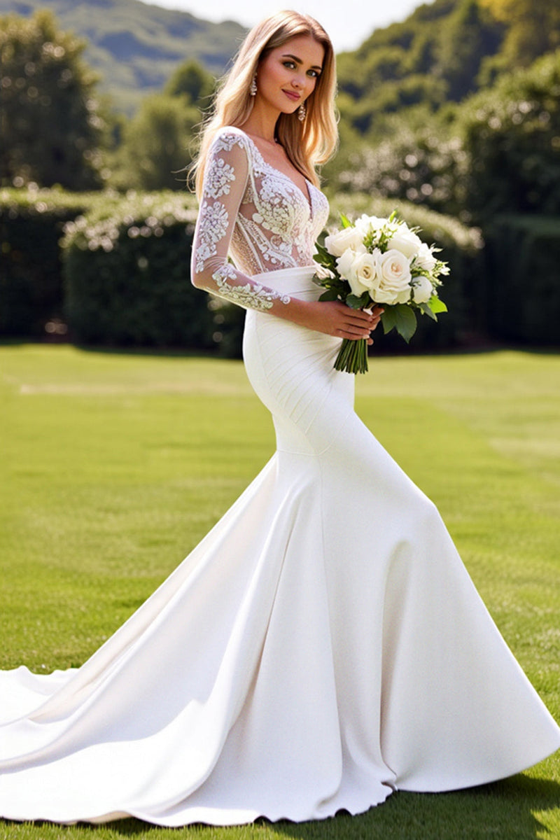 Load image into Gallery viewer, Ivory Lace V Neck Long Sleeve Mermaid Wedding Dress with Slit