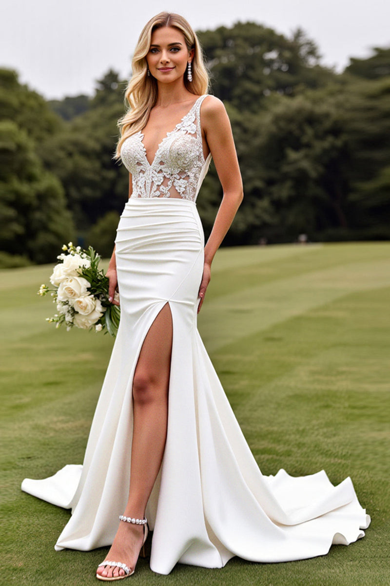 Load image into Gallery viewer, Delicate Lace Ivory Mermaid V Neck Wedding Dress with Slit
