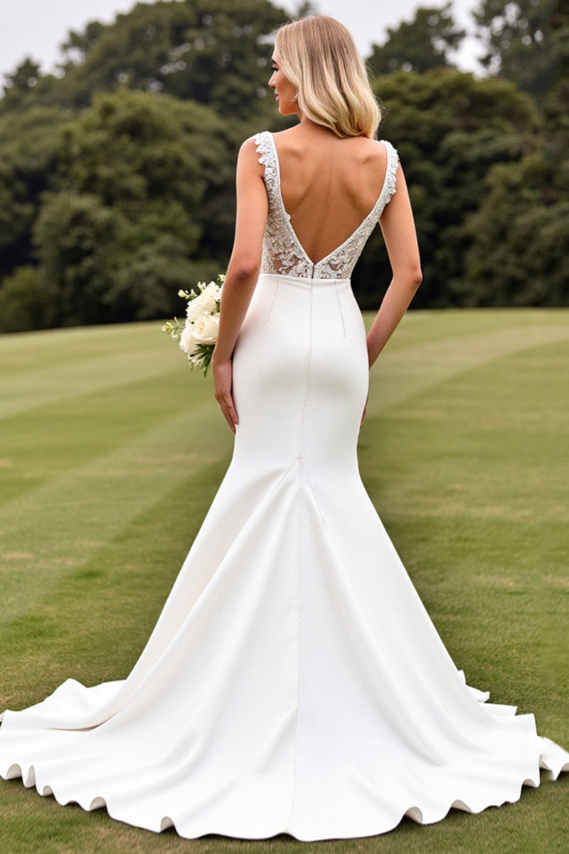 Load image into Gallery viewer, Delicate Lace Ivory Mermaid V Neck Wedding Dress with Slit