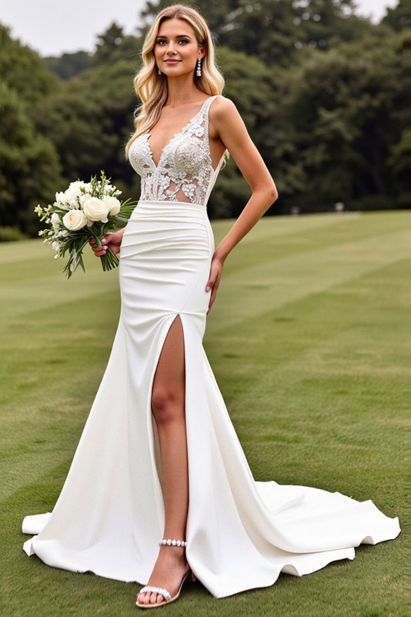 Load image into Gallery viewer, Delicate Lace Ivory Mermaid V Neck Wedding Dress with Slit
