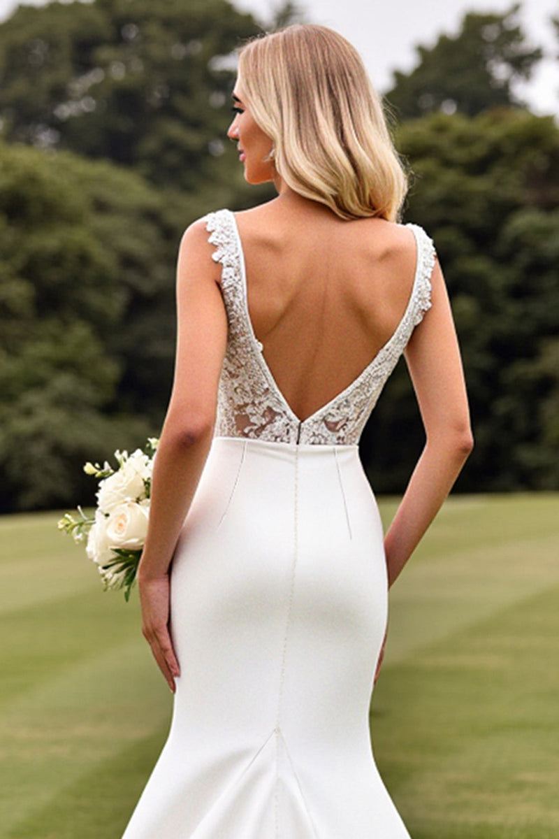 Load image into Gallery viewer, Delicate Lace Ivory Mermaid V Neck Wedding Dress with Slit