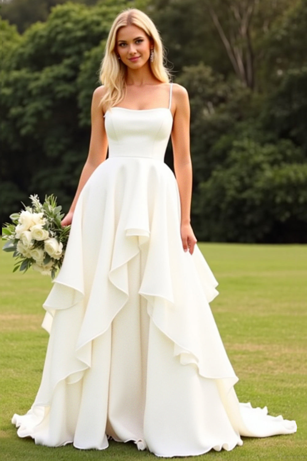 Chiffon A Line Ruffle Ivory Wedding Dress with Lace