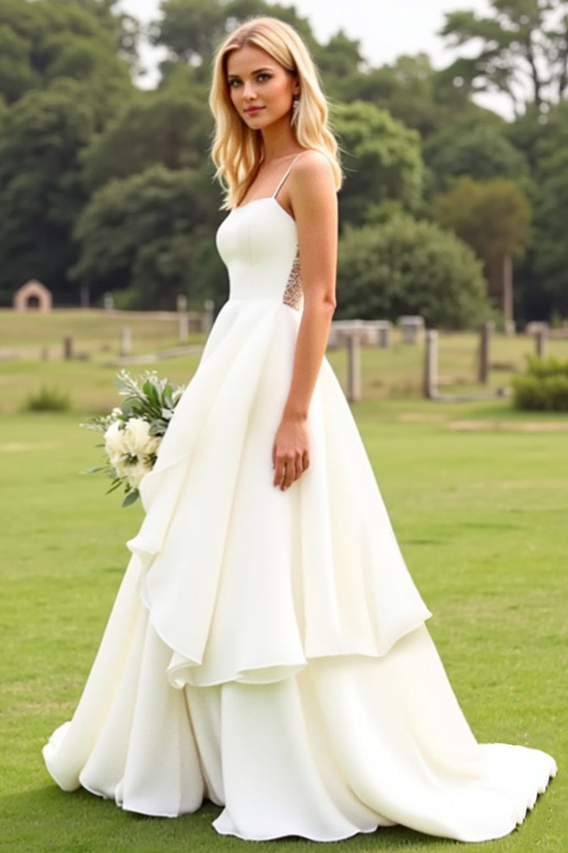 Load image into Gallery viewer, Chiffon A Line Ruffle Ivory Wedding Dress with Lace