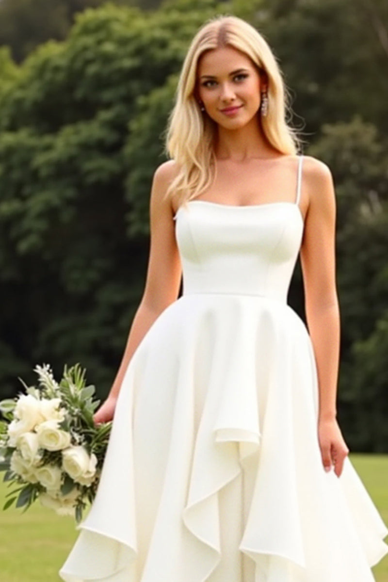 Load image into Gallery viewer, Chiffon A Line Ruffle Ivory Wedding Dress with Lace