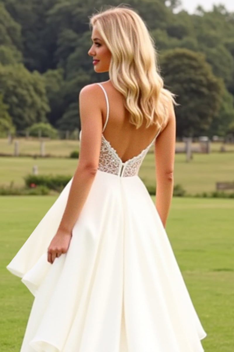 Load image into Gallery viewer, Chiffon A Line Ruffle Ivory Wedding Dress with Lace