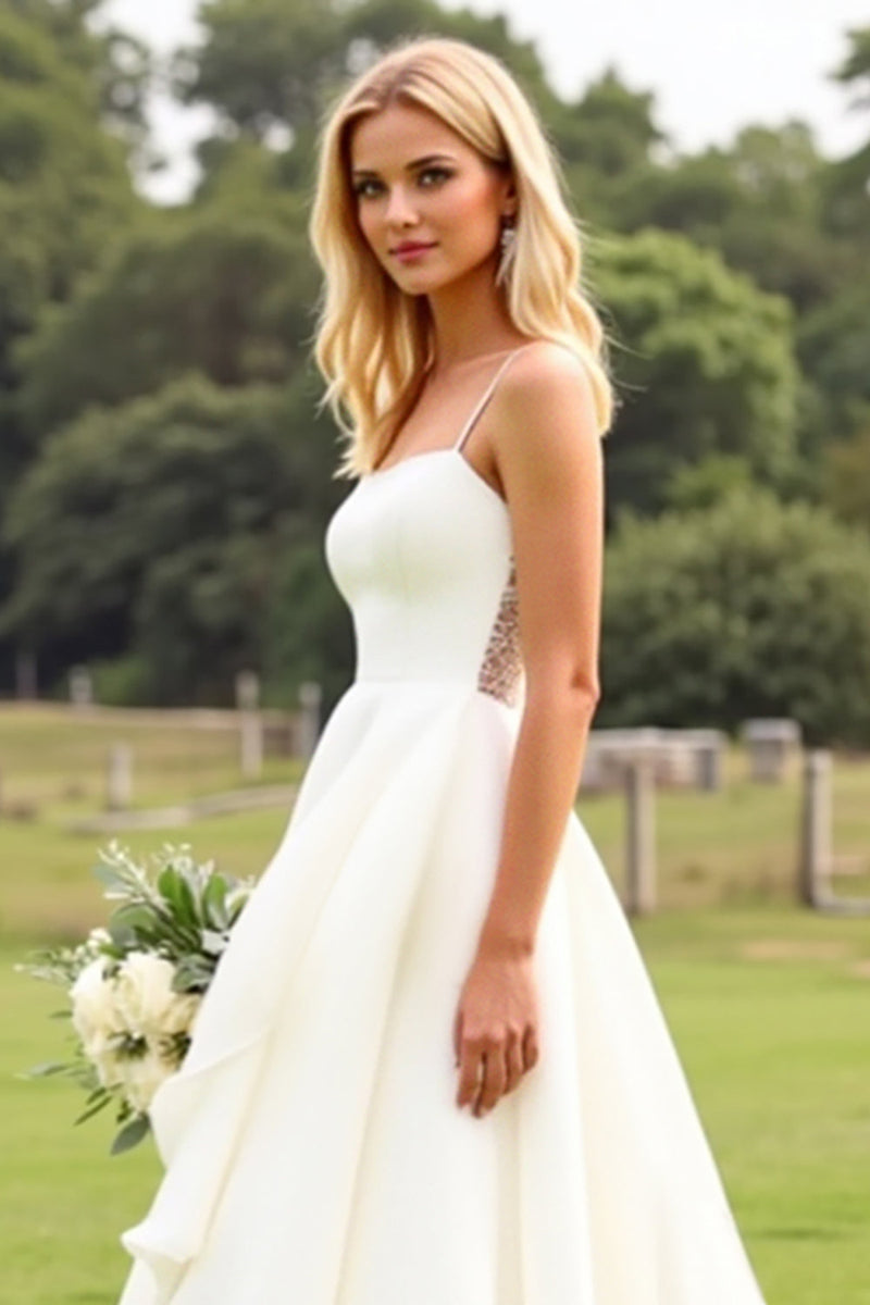 Load image into Gallery viewer, Chiffon A Line Ruffle Ivory Wedding Dress with Lace