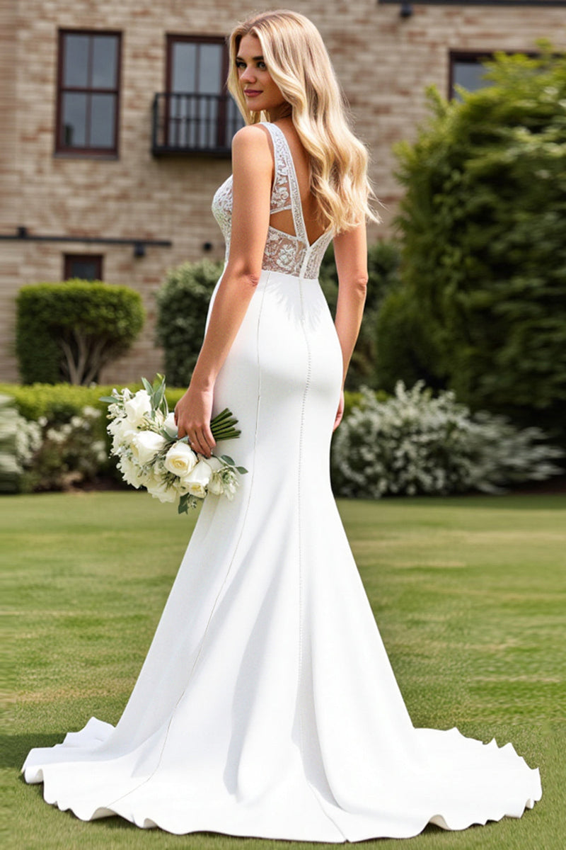 Load image into Gallery viewer, Ivory Mermaid Ruched V Neck Lace Wedding Dress with Slit