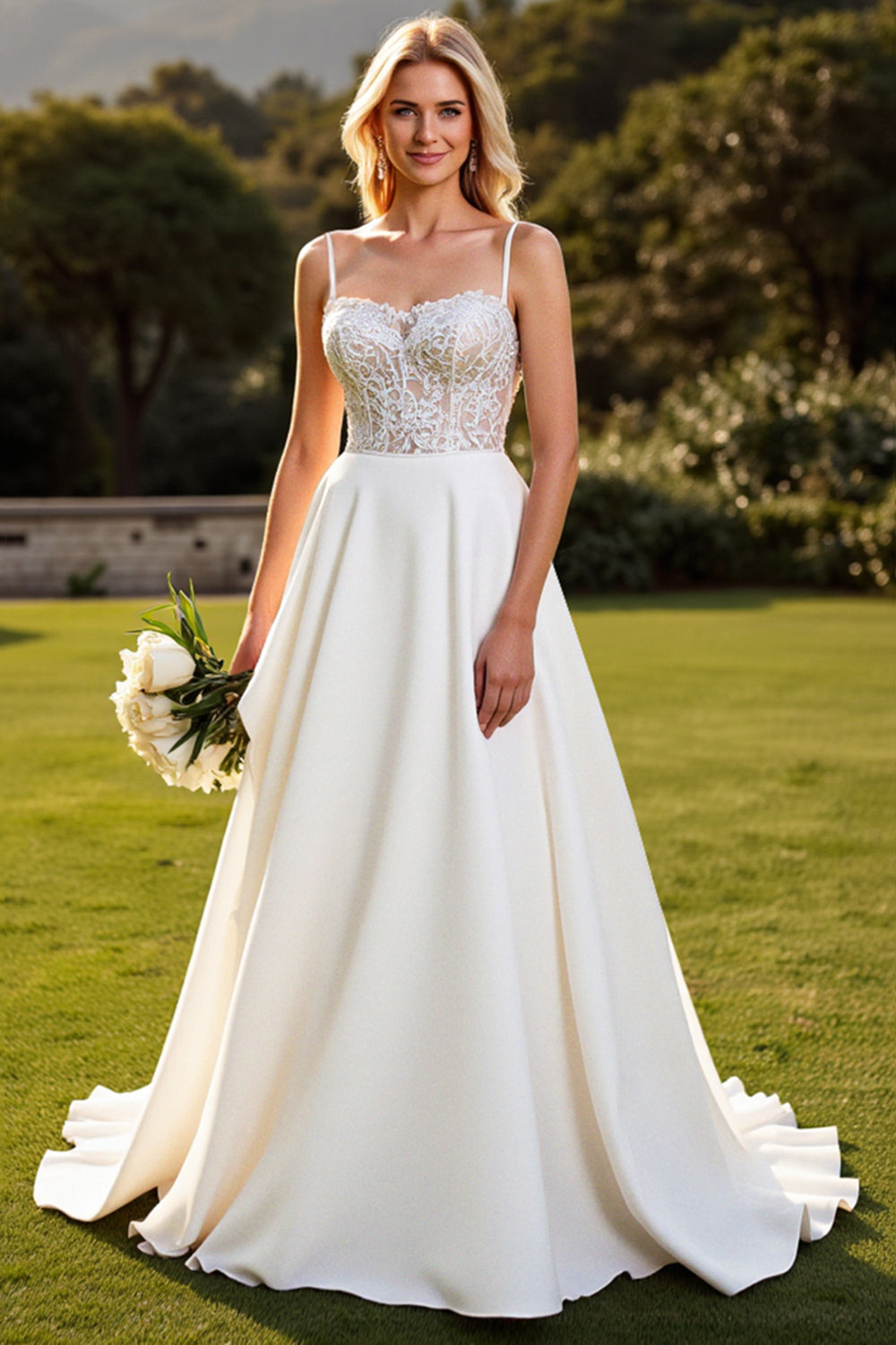 Ivory Chiffon Lace A Line Wedding Dress