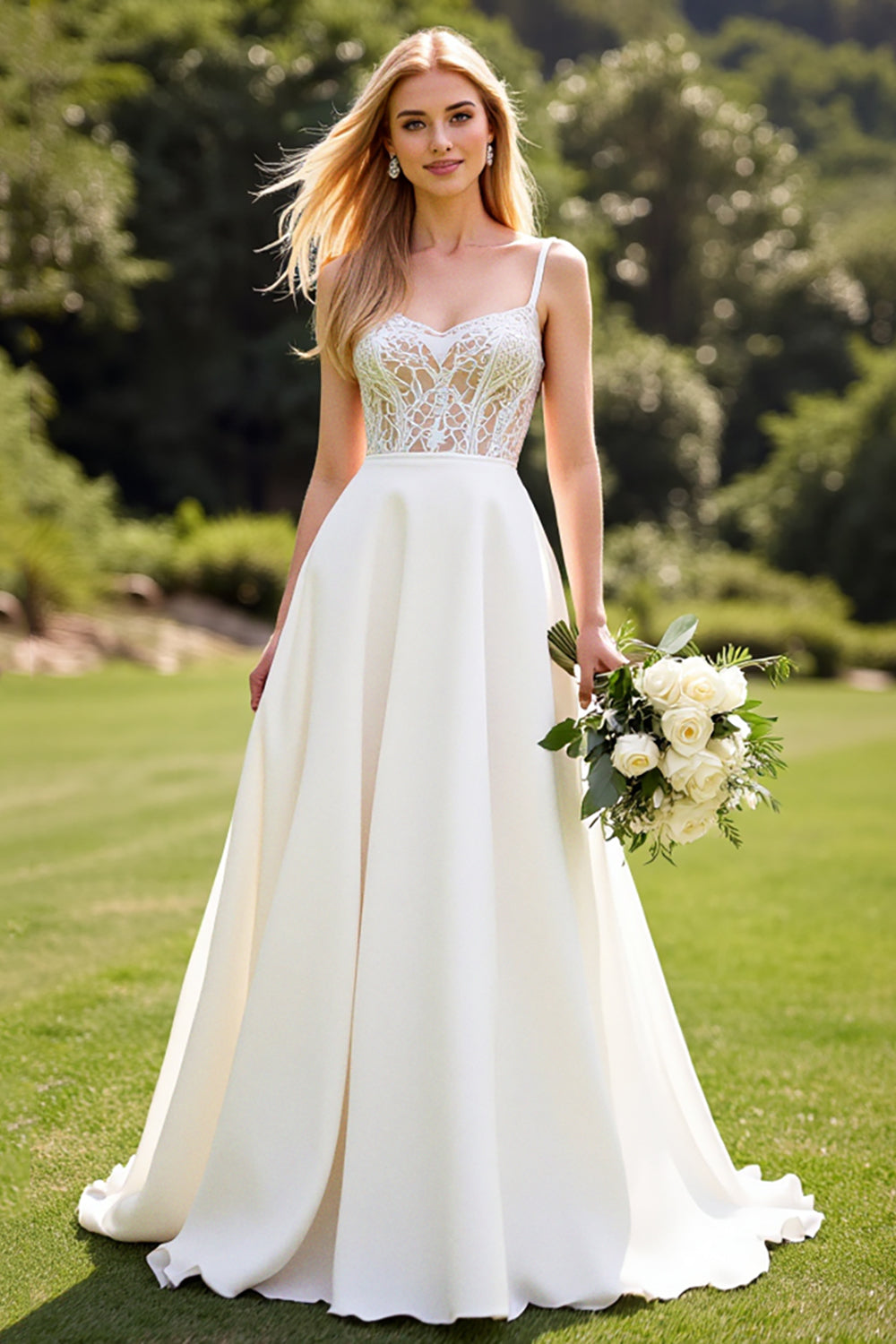 Lace Ivory A Line Spaghetti Straps Wedding Dress