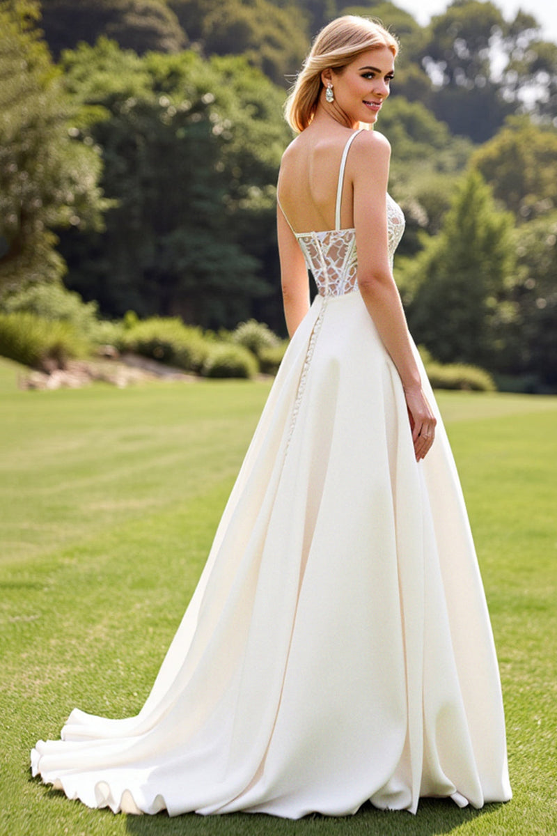 Load image into Gallery viewer, Lace Ivory A Line Spaghetti Straps Wedding Dress