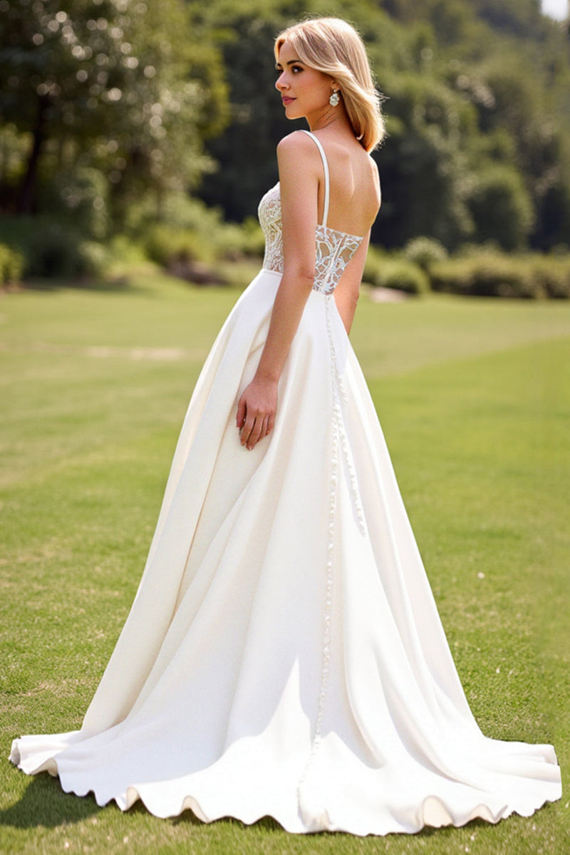 Load image into Gallery viewer, Lace Ivory A Line Spaghetti Straps Wedding Dress