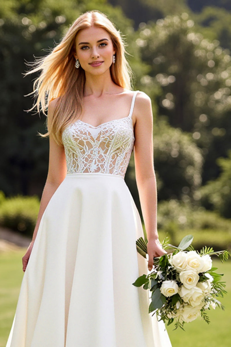 Load image into Gallery viewer, Lace Ivory A Line Spaghetti Straps Wedding Dress