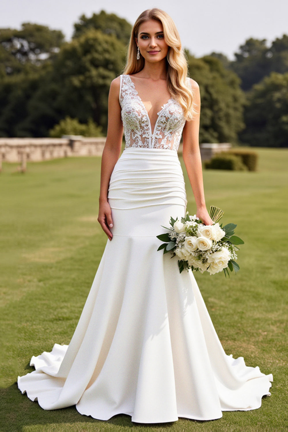 Mermaid Lace V Neck Ivory Long Wedding Dress